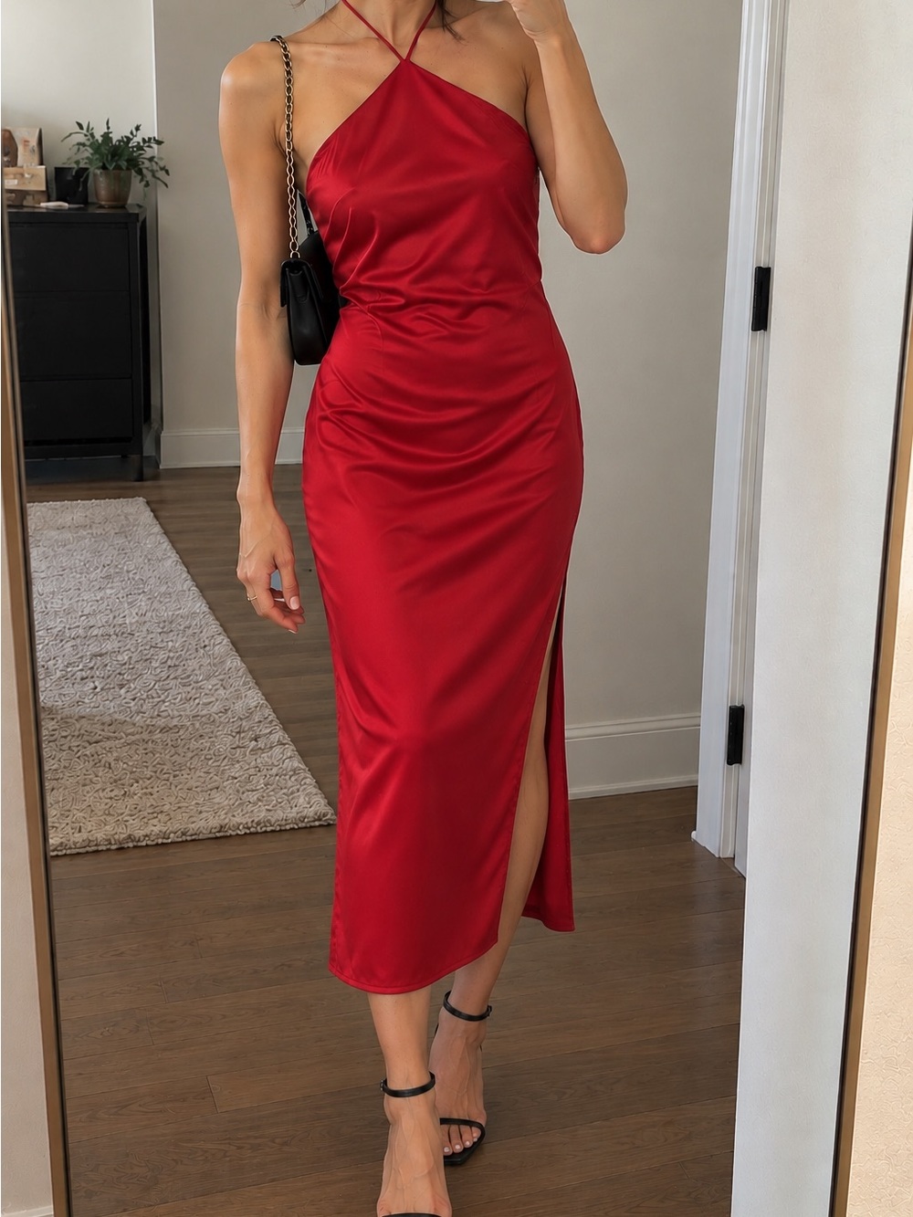 Zara Red Satin Halter Backless Midi Dress